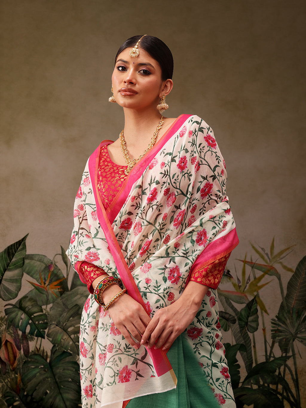 Green Chanderi Cotton Blend Saree with Floral Digital Print