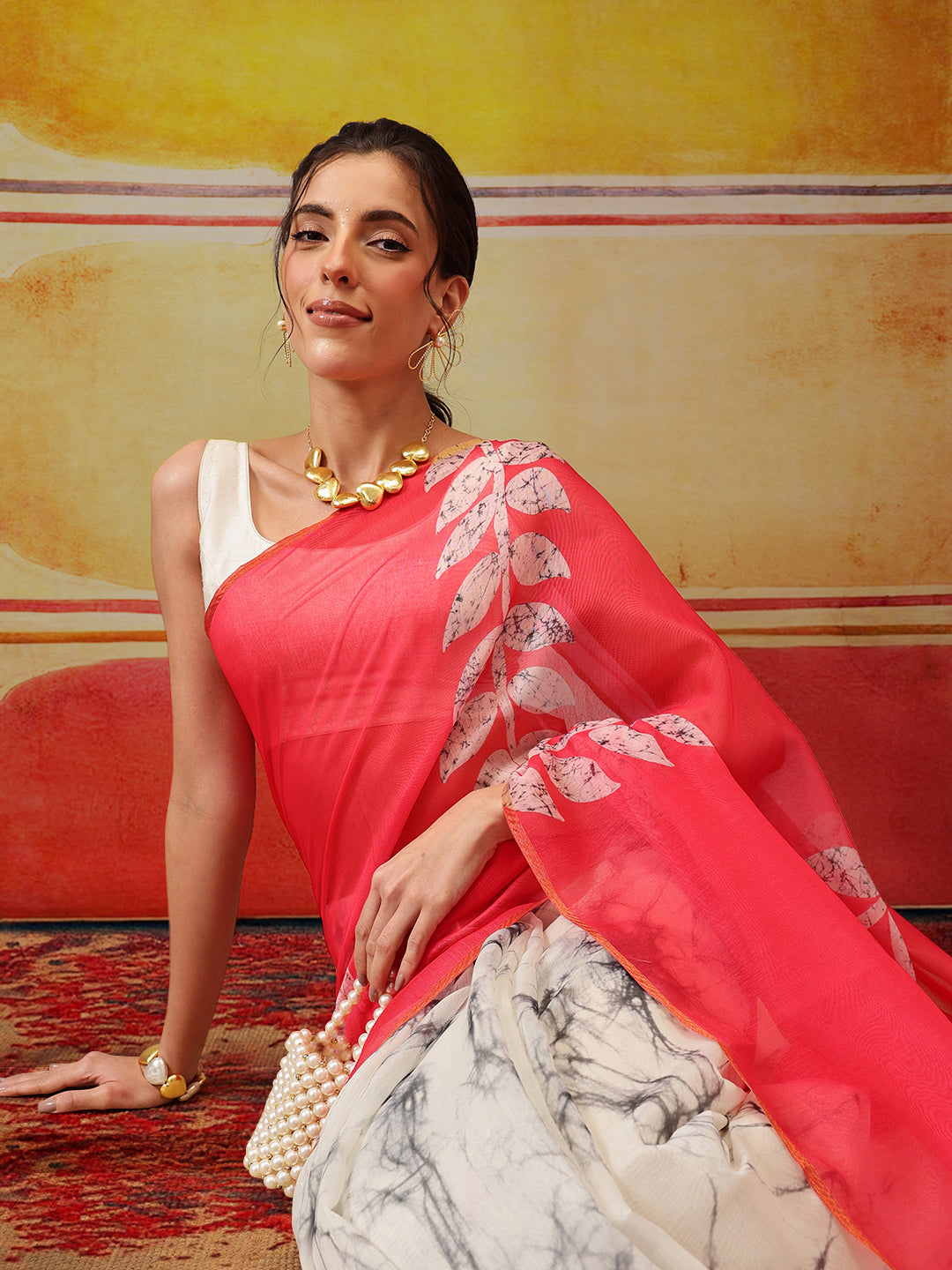 White Chanderi Cotton Blend Saree with Abstract Digital Print