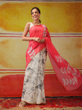 White Chanderi cotton blend saree showcasing a colorful abstract digital print