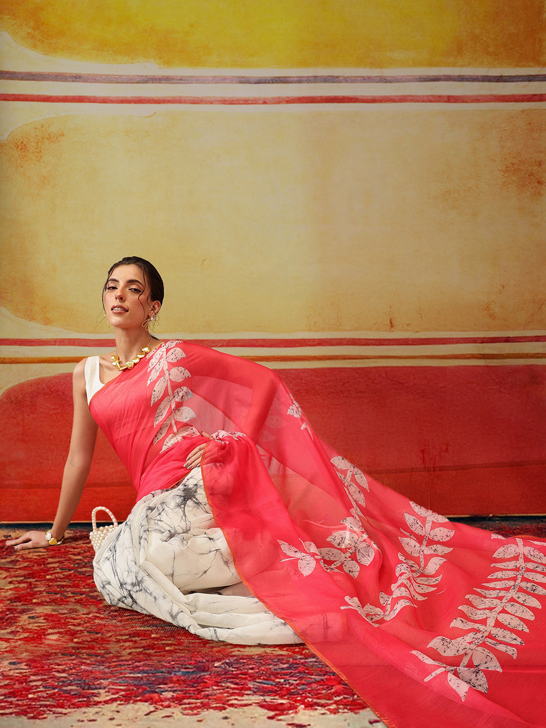 White Chanderi Cotton Blend Saree with Abstract Digital Print