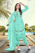 Turquoise faux georgette kurta set featuring heavy embroidery and intricate Moti work detailing.