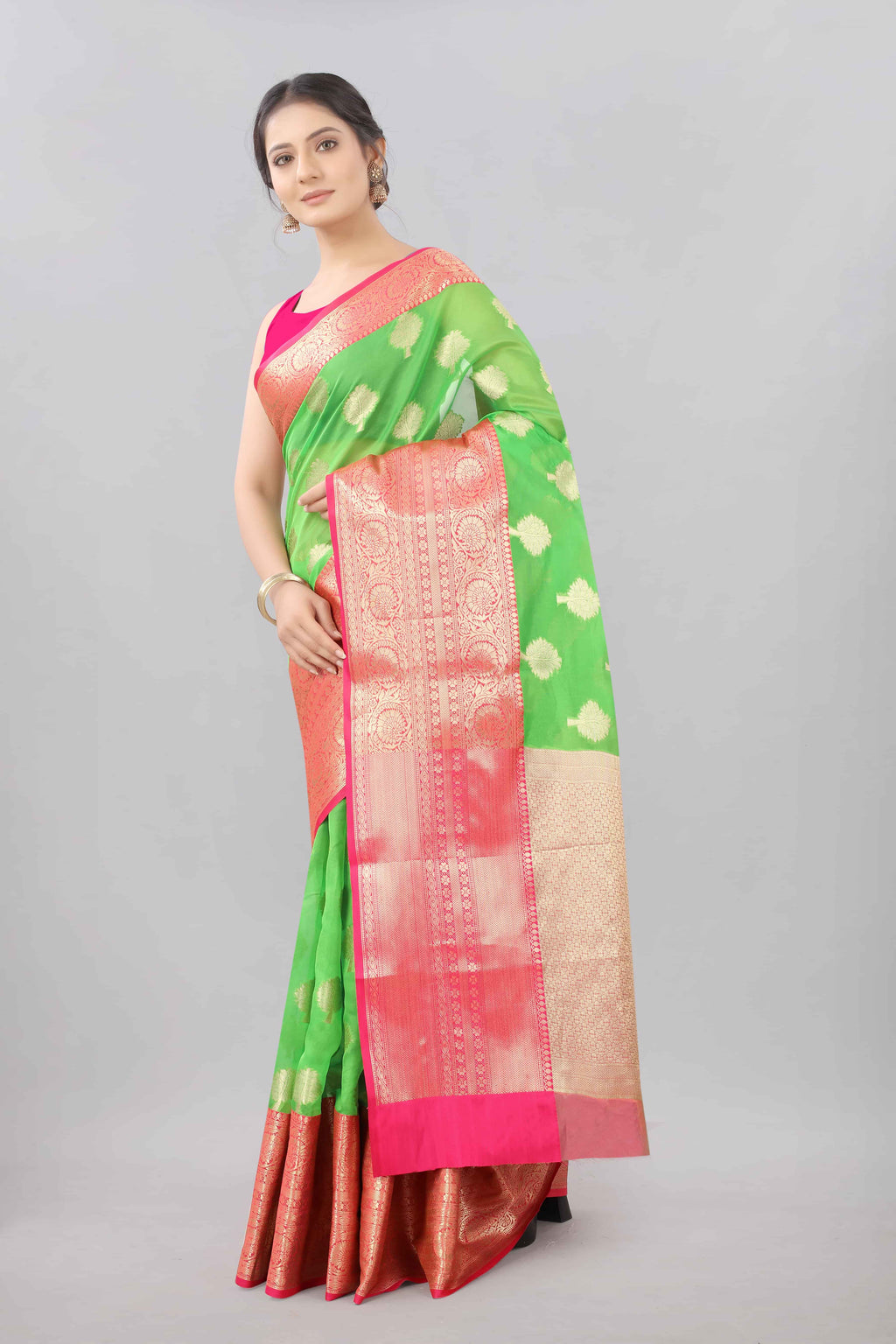 Green Banarasi Silk Blend Saree with Floral Woven Design