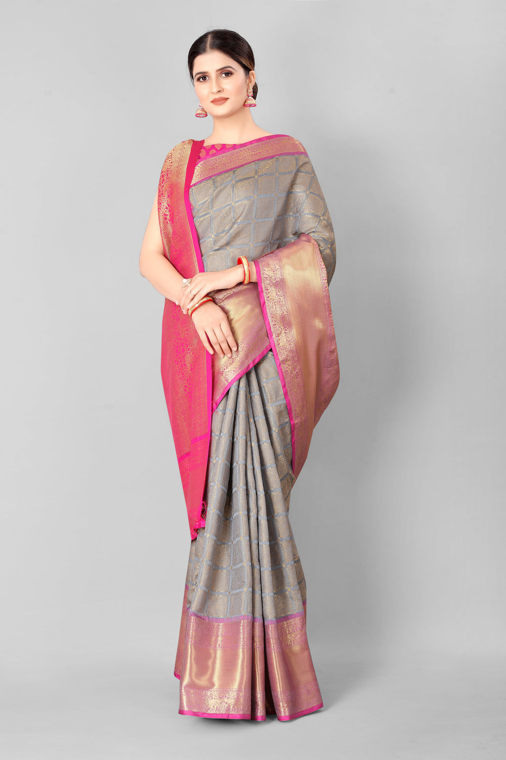 Grey Banarasi silk blend saree featuring modern geometric woven patterns