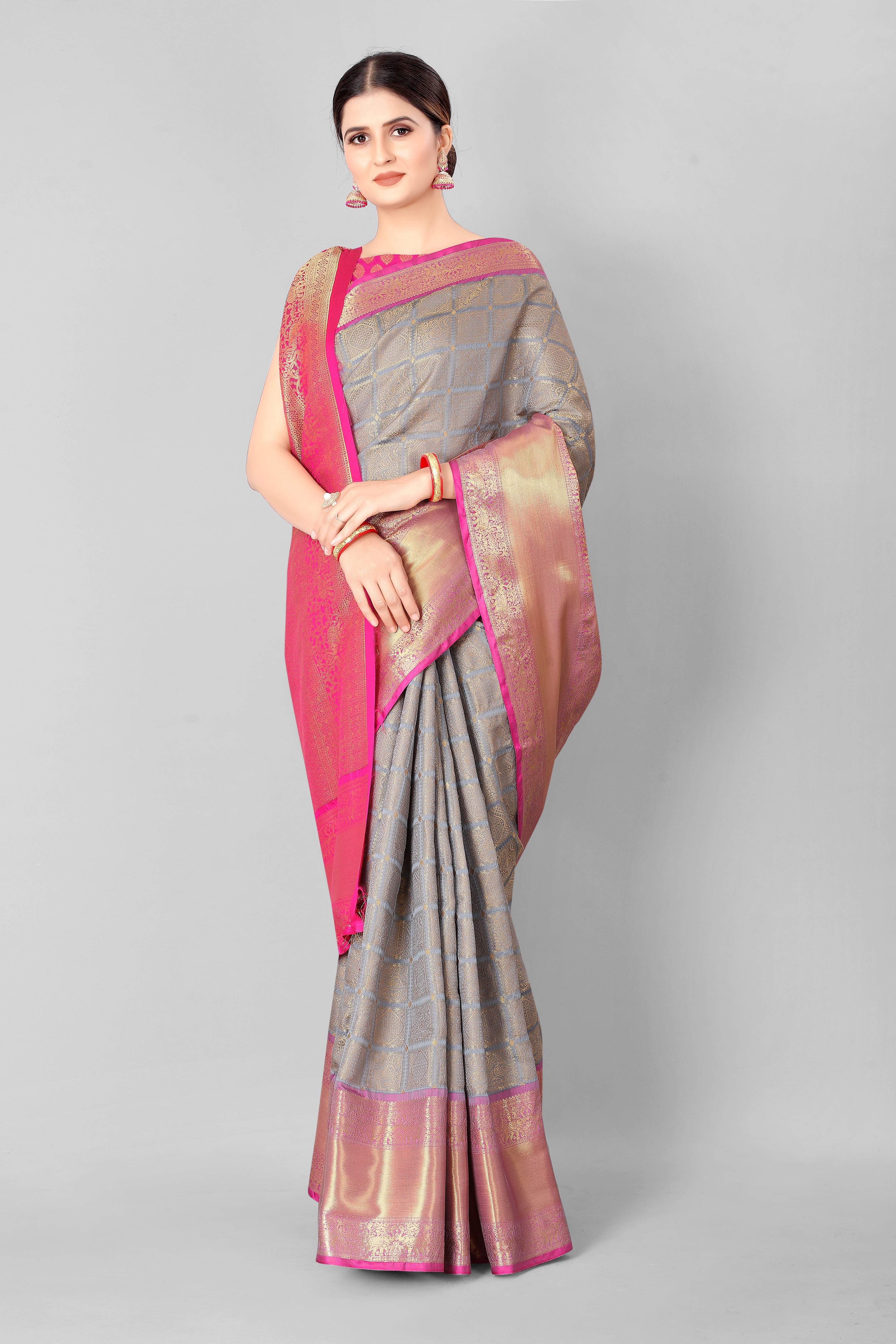 Grey Banarasi silk blend saree featuring modern geometric woven patterns
