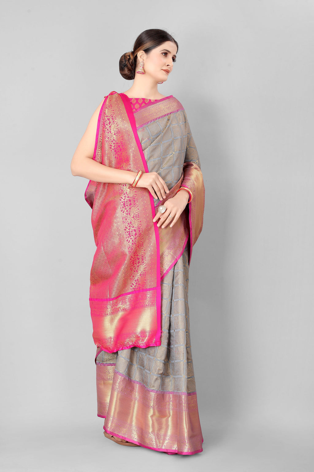 Grey Banarasi Silk Blend Saree with Geometric Woven Design