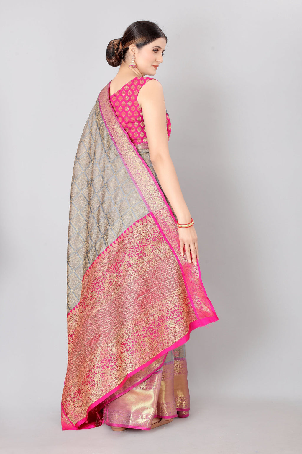 Grey Banarasi Silk Blend Saree with Geometric Woven Design