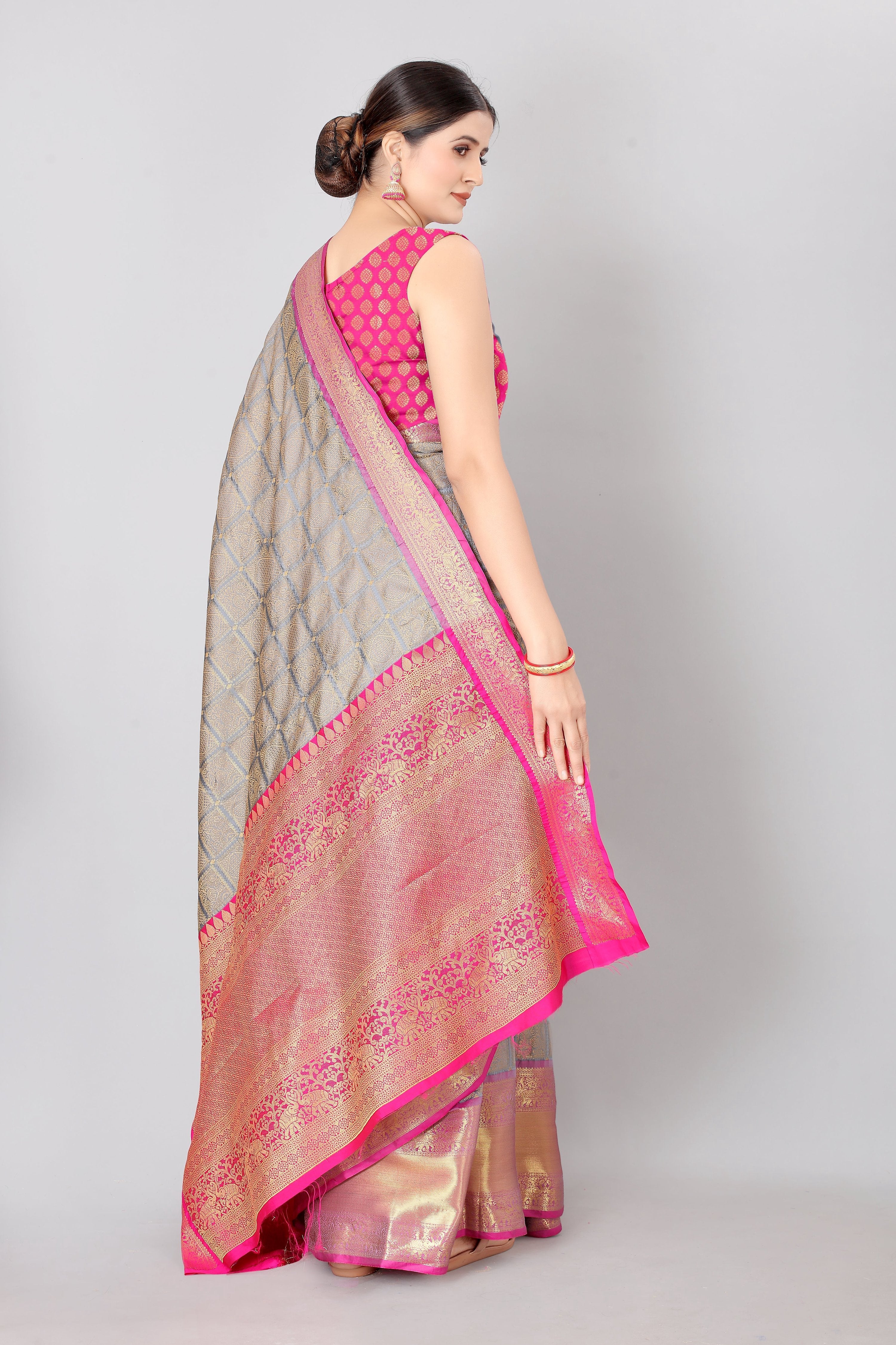 Grey Banarasi Silk Blend Saree with Geometric Woven Design