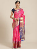 Pink Banarasi silk blend saree featuring modern abstract woven design