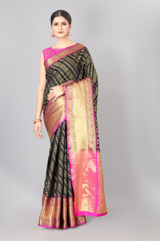 Olive Banarasi Silk saree with woven Zari stripes and unstitched blouse