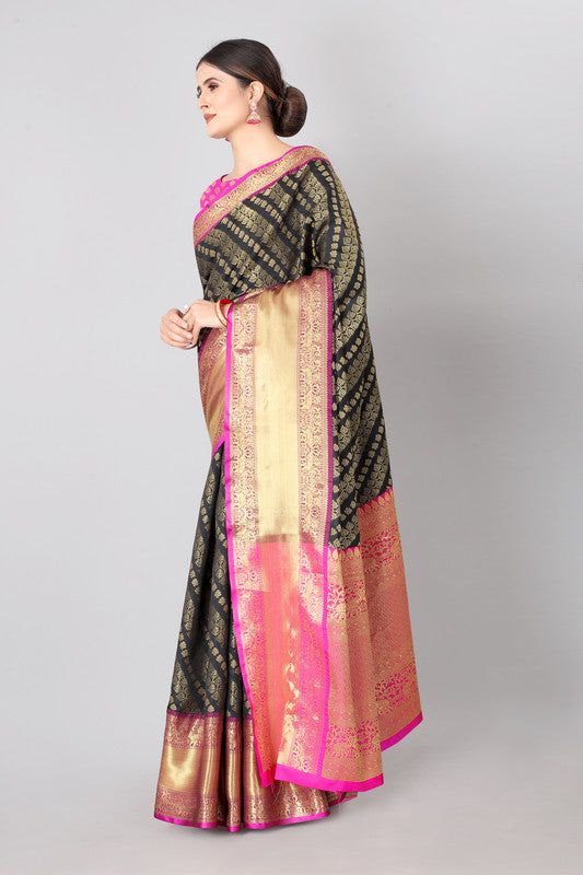 Olive Banarasi Silk Striped Saree with Zari Woven Design