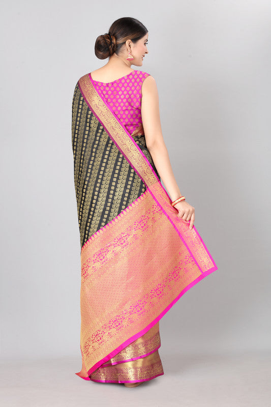 Olive Banarasi Silk Striped Saree with Zari Woven Design