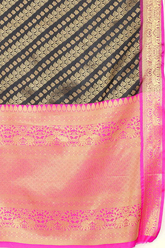 Olive Banarasi Silk Striped Saree with Zari Woven Design