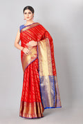 Red silk blend saree with abstract zari pattern and unstitched blouse