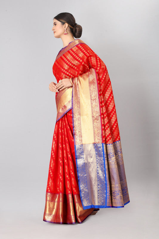 Red Silk Blend Woven Zari Abstract Print Saree with Blouse
