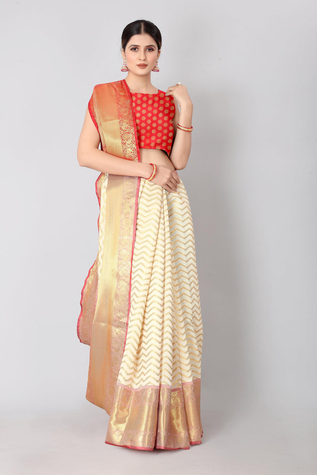 White Silk Blend saree with Zari woven stripes and matching blouse piece