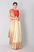White Silk Blend saree with Zari woven stripes and matching blouse piece