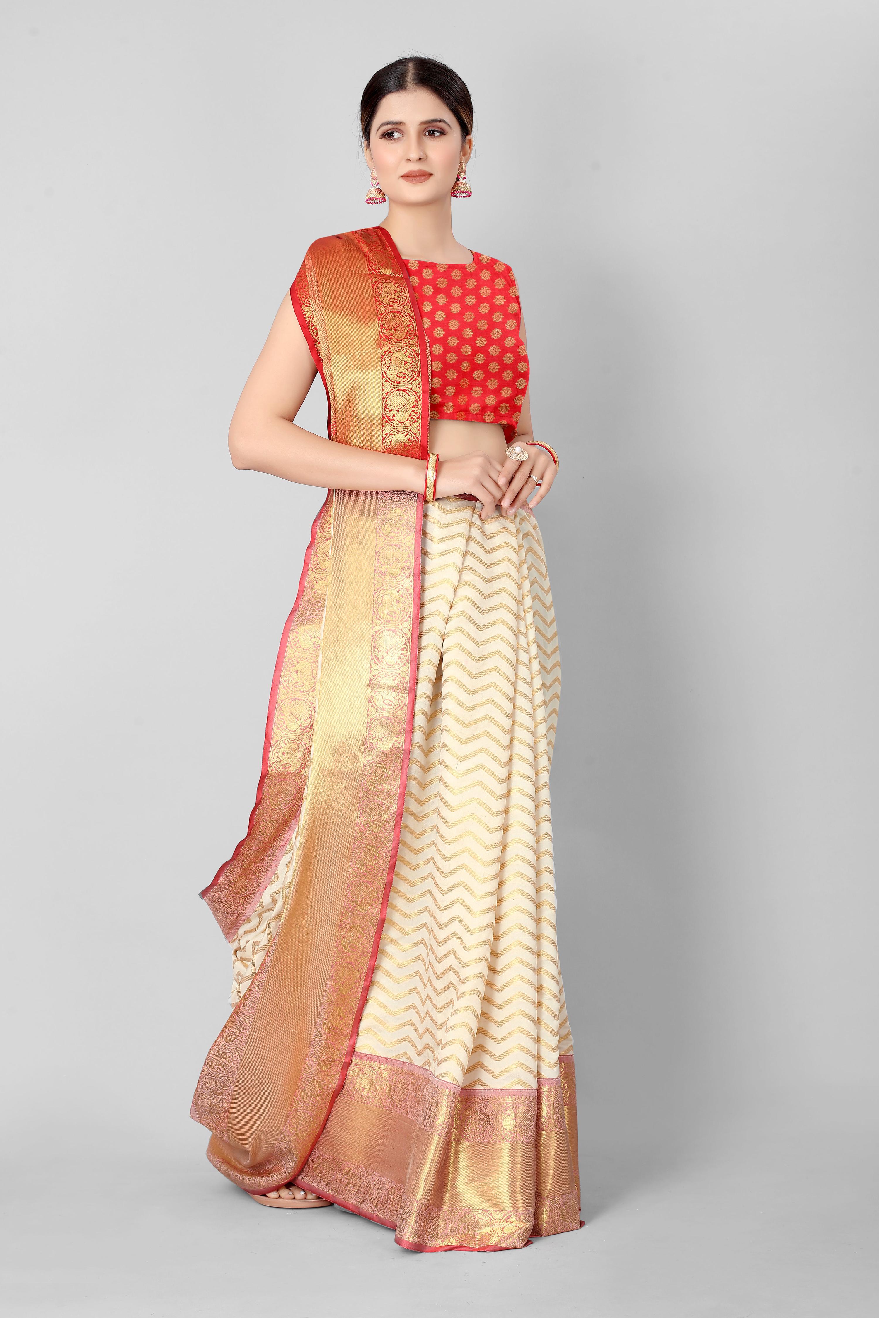 White Silk Blend Striped Saree with Zari Woven Design