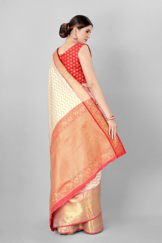 White Silk Blend Striped Saree with Zari Woven Design