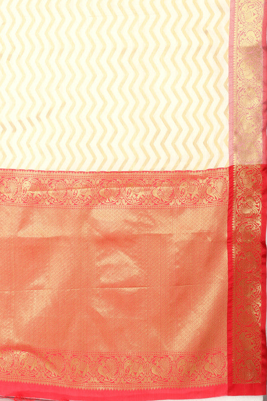 White Silk Blend Striped Saree with Zari Woven Design