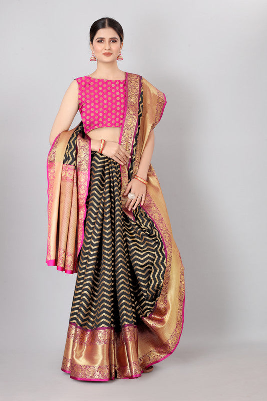 Black silk blend saree with woven gold zari stripes and matching unstitched blouse piece