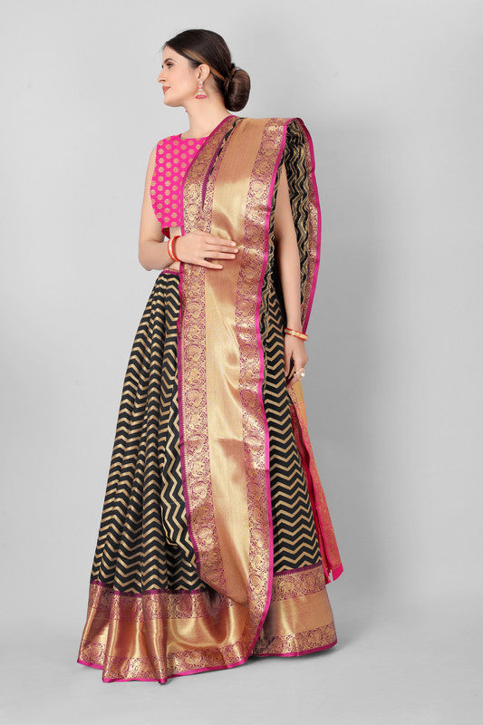 Black Silk Blend Saree with Zari Striped Pattern and Blouse