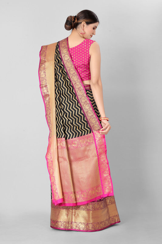 Black Silk Blend Saree with Zari Striped Pattern and Blouse