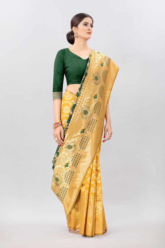 Mustard pure silk saree with floral embroidery and unstitched blouse