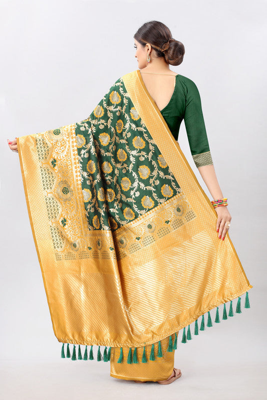 Mustard Pure Silk Saree with Embellished Floral Design & Blouse