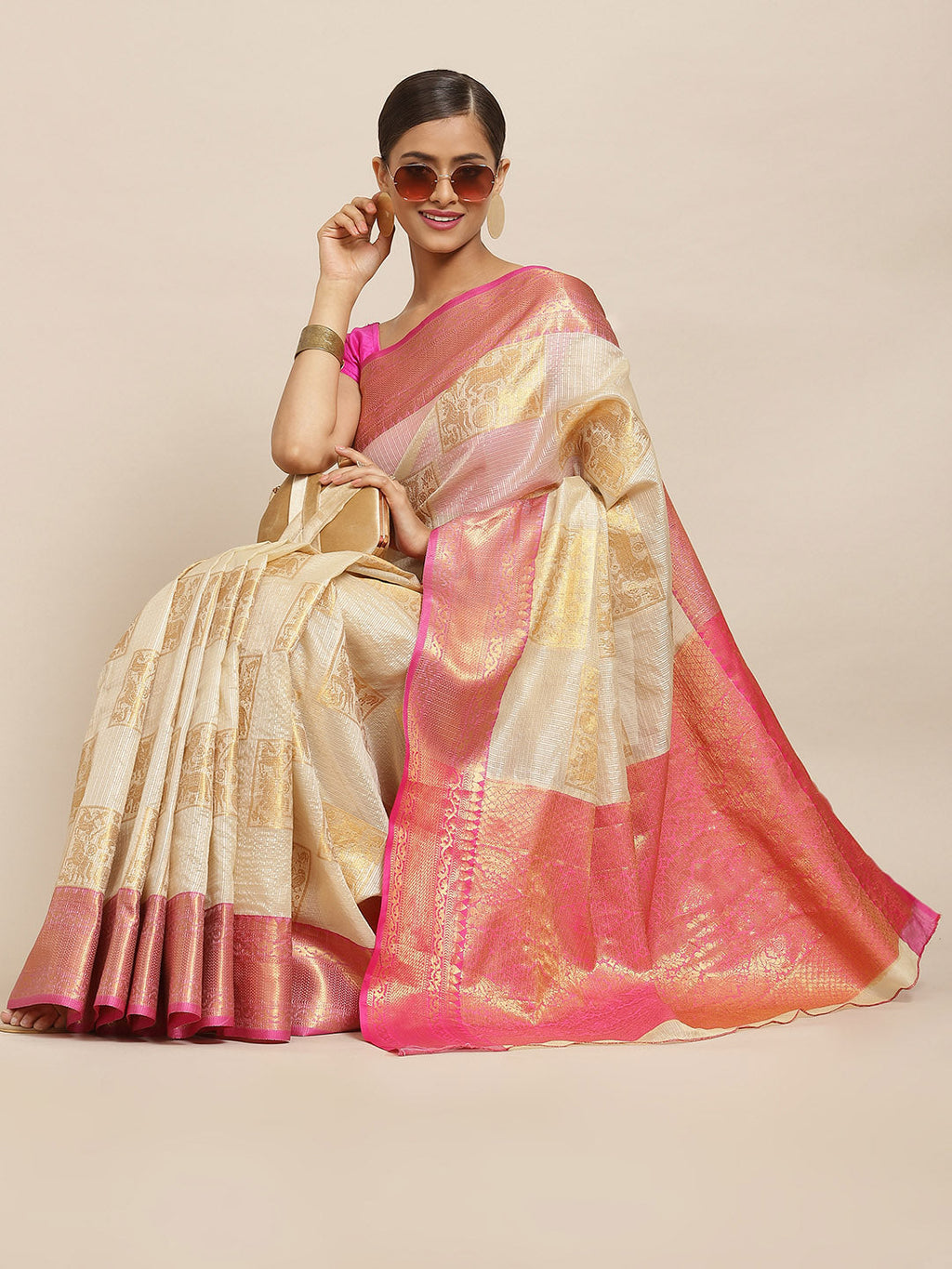Beige Jute Silk saree with geometric zari woven design and unstitched blouse
