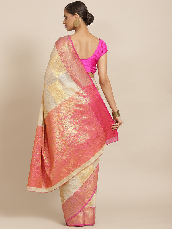 Beige Jute Silk Geometric Zari Woven Saree with Blouse