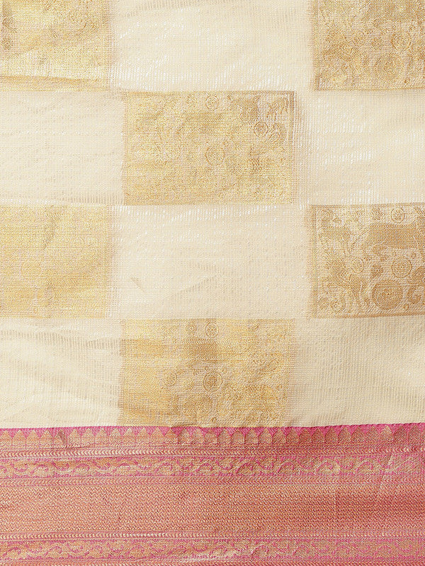 Beige Jute Silk Geometric Zari Woven Saree with Blouse