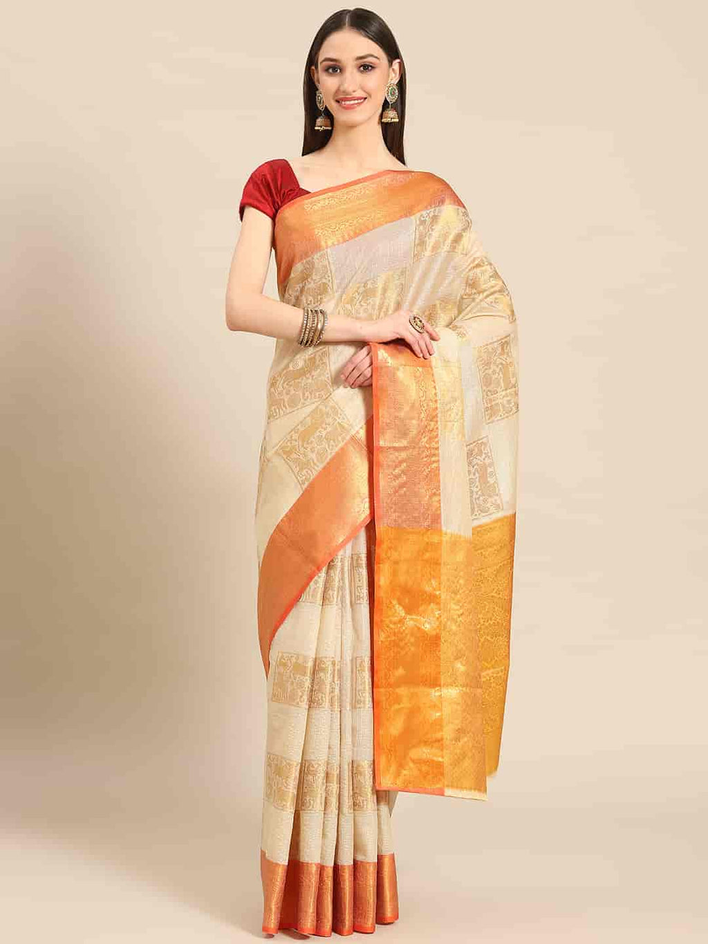 Beige Jute Silk saree featuring modern geometric embellishments