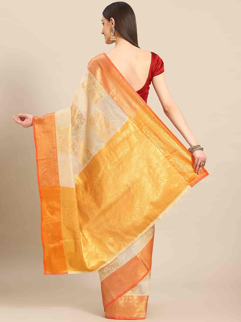 Beige Jute Silk Embellished Geometric Saree with Blouse