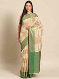 Beige jute silk saree featuring intricate geometric embellishments and matching unstitched blouse