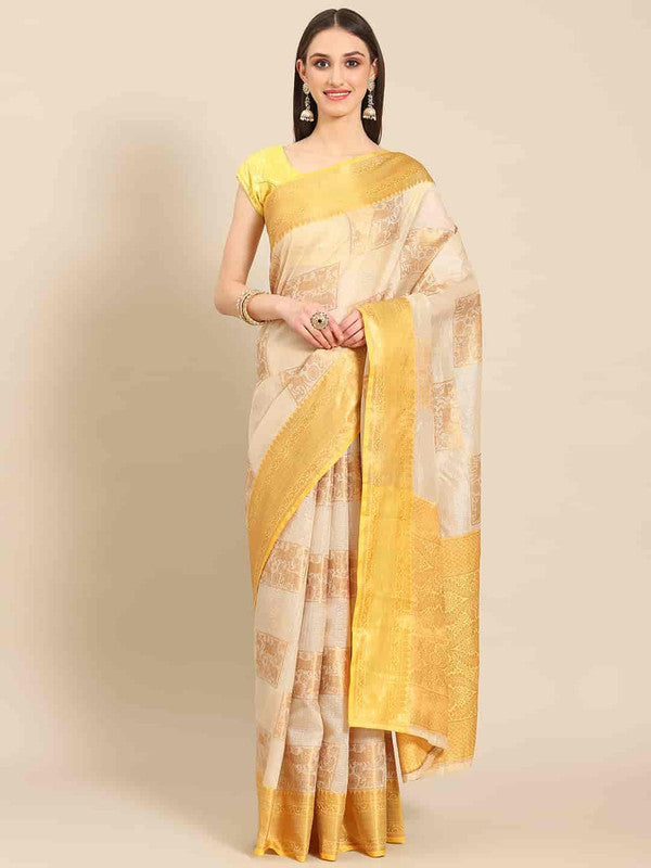 Elegant beige jute silk saree with geometric embellishments and matching blouse piece