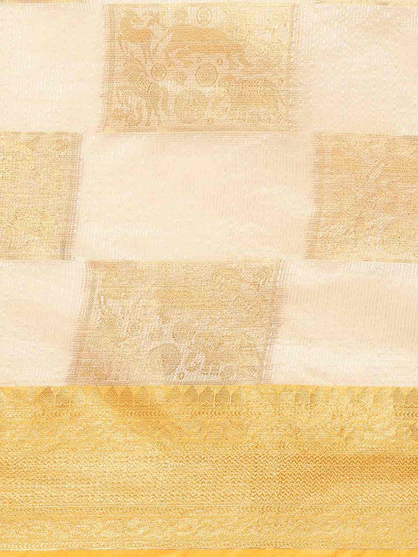 Beige Jute Silk Saree with Geometric Embellishments & Blouse Piece
