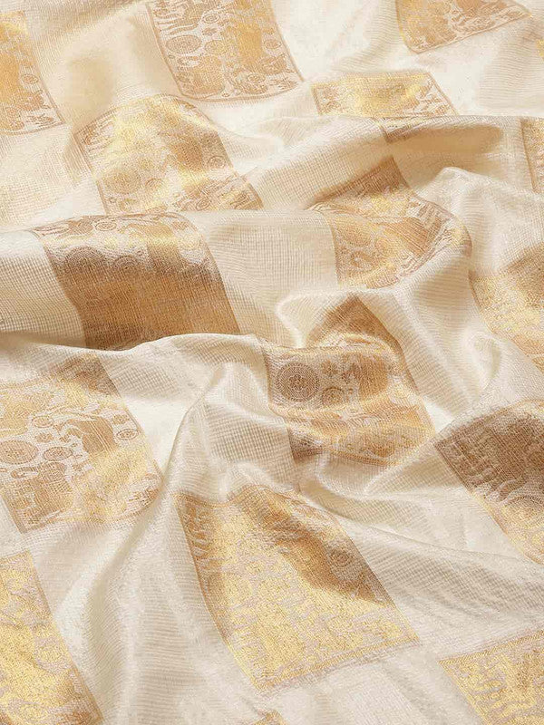 Beige Jute Silk Saree with Geometric Embellishments & Blouse Piece