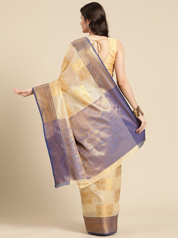 Beige Jute Silk Woven Zari Geometric Saree with Blouse Piece