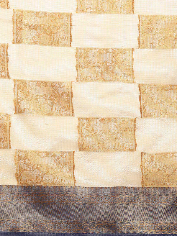 Beige Jute Silk Woven Zari Geometric Saree with Blouse Piece