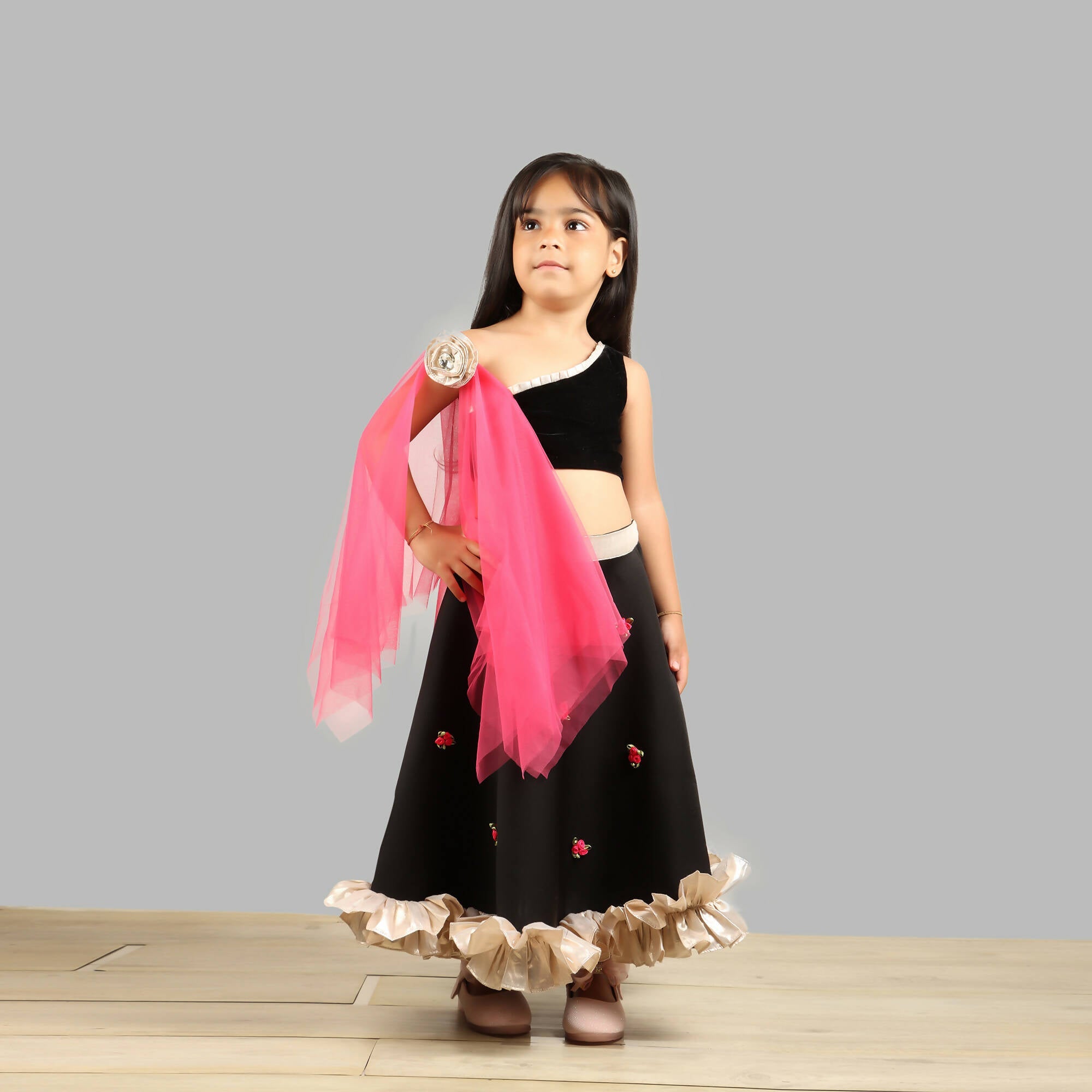 One Shoulder Black Scuba Ghagra Choli with Pink Dupatta