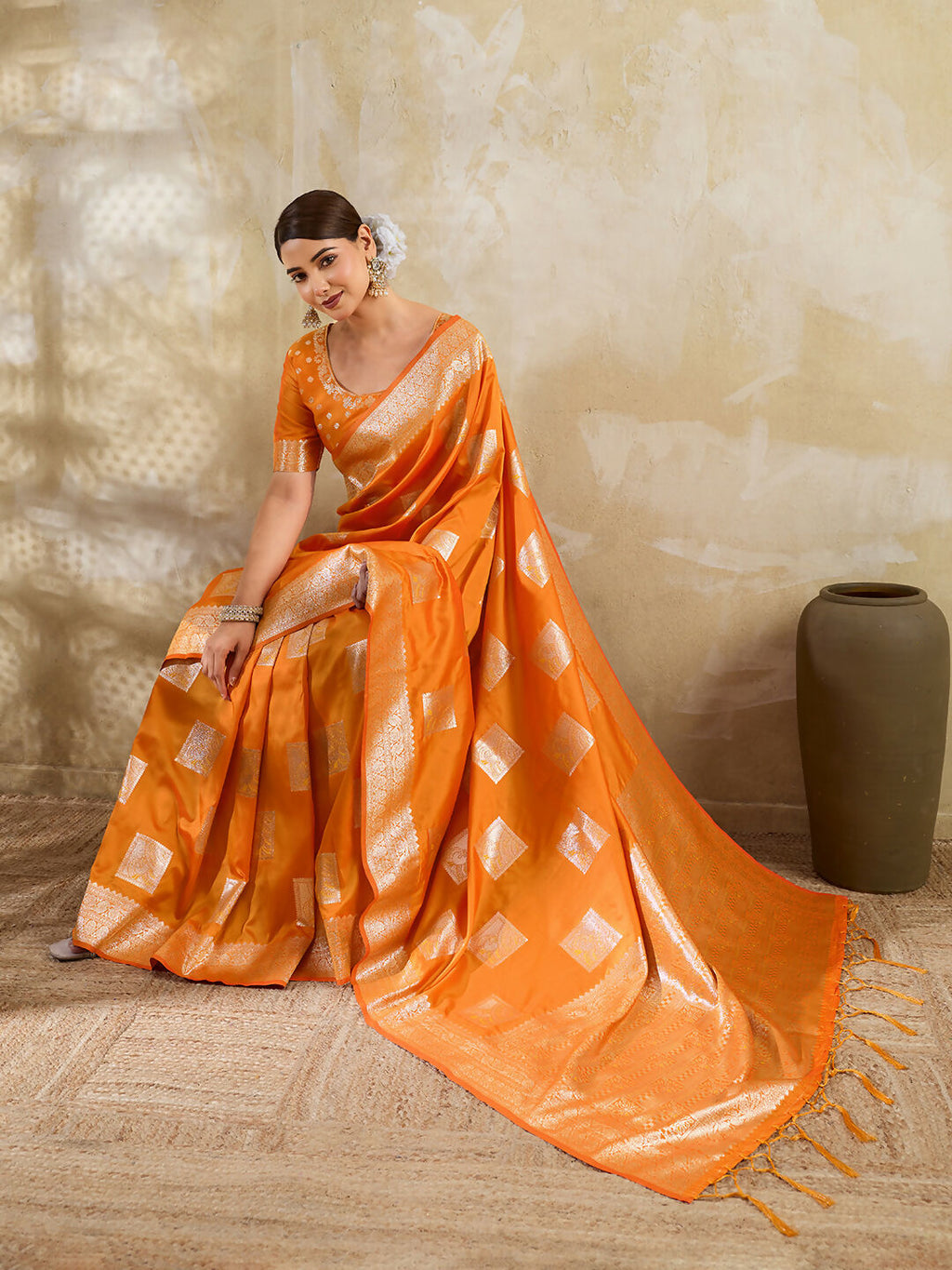 Orange Silk Blend Saree with Matching Blouse Set