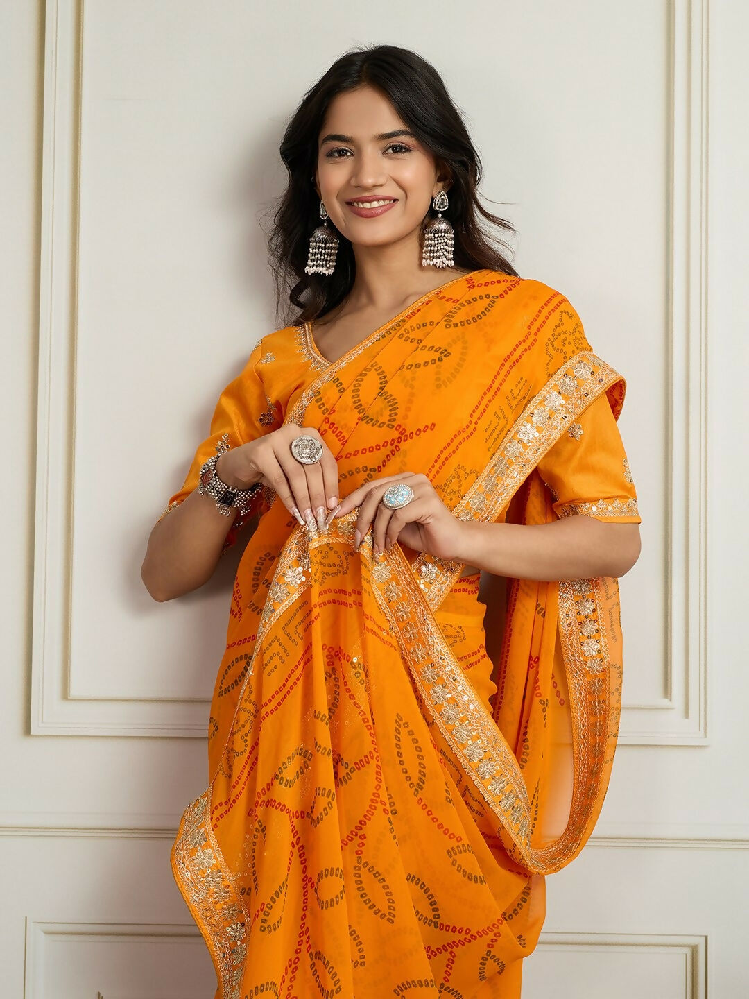 Yellow Georgette Rajwadi Bandhani Print Party Wear Saree