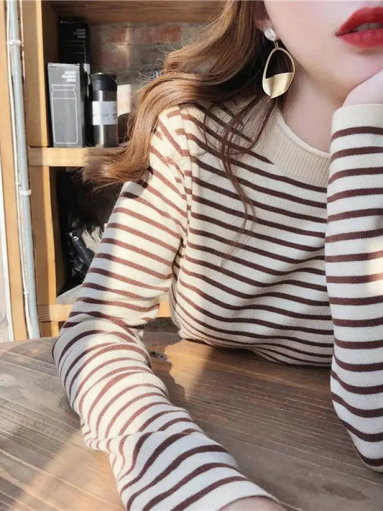 Women Striped Mock Neck Long Sleeve Ribbed Knit Pullover Sweater - Image 18