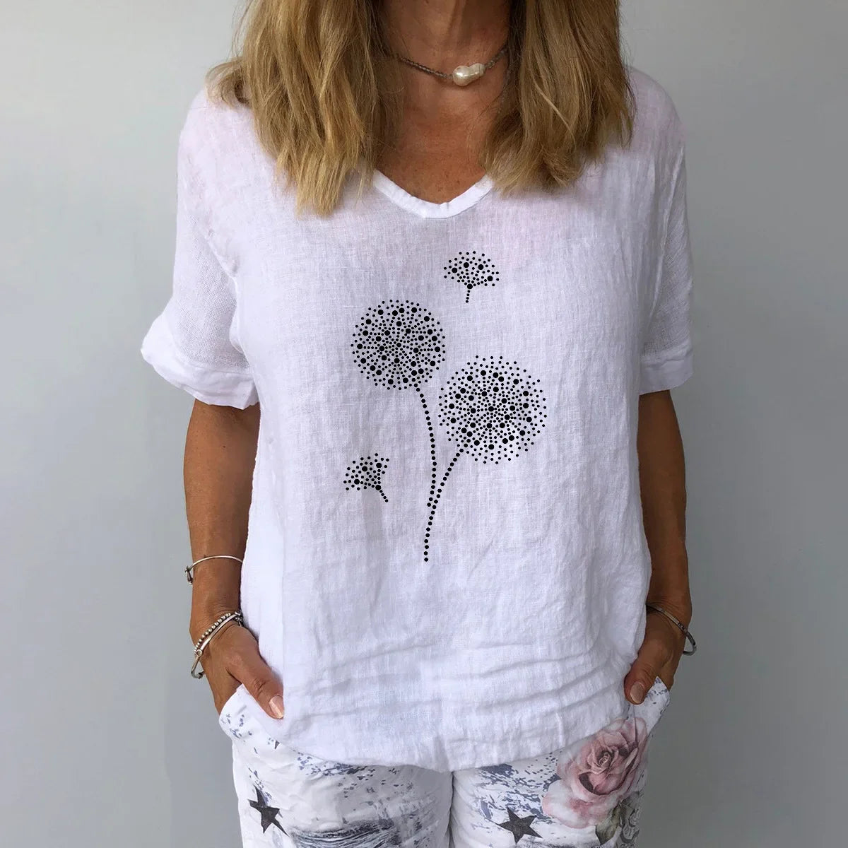 Women Dandelion Print Cotton Linen Blend Short Sleeve V-Neck Top - Image 6