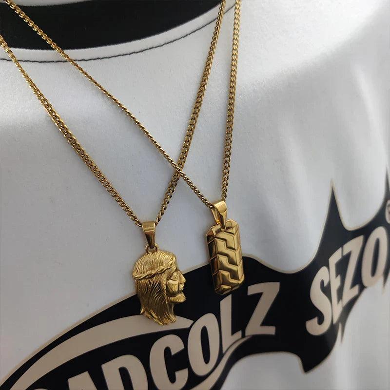 Hot Sale 18K Gold Plated Stainless Steel Mens Jewelry Classic Men's Necklace Square Tire Patterns Pendant Hip Hop Necklace