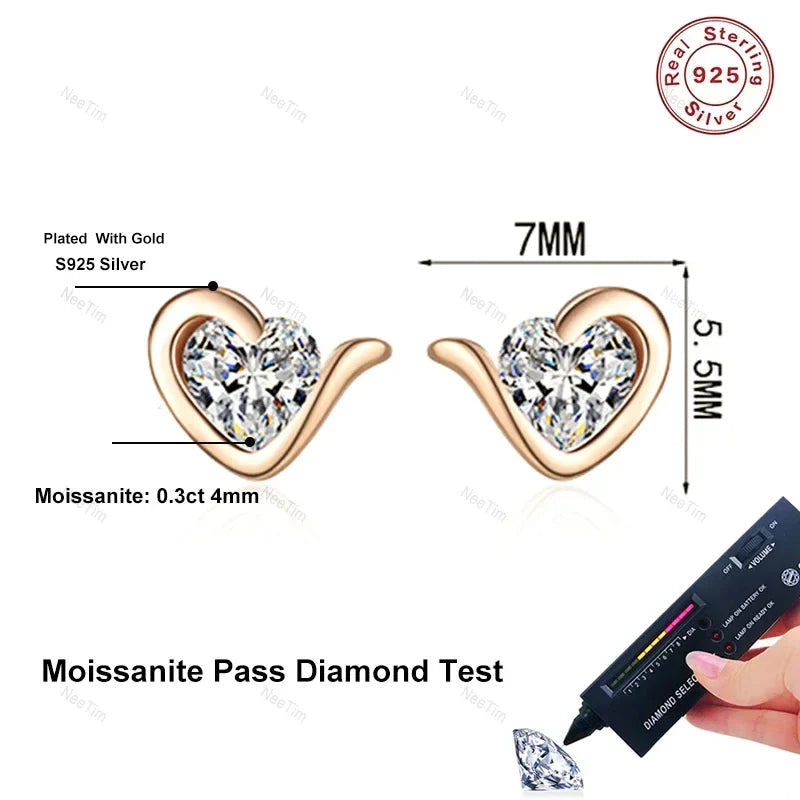 NeeTim Moissanite Heart Stud Earrings for Women 925 Sterling Silver with White Champagne Gold Plated Wedding Earring Certified