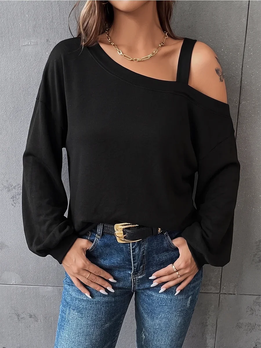Plus Size Black One Shoulder Lantern Sleeve Knit Pullover