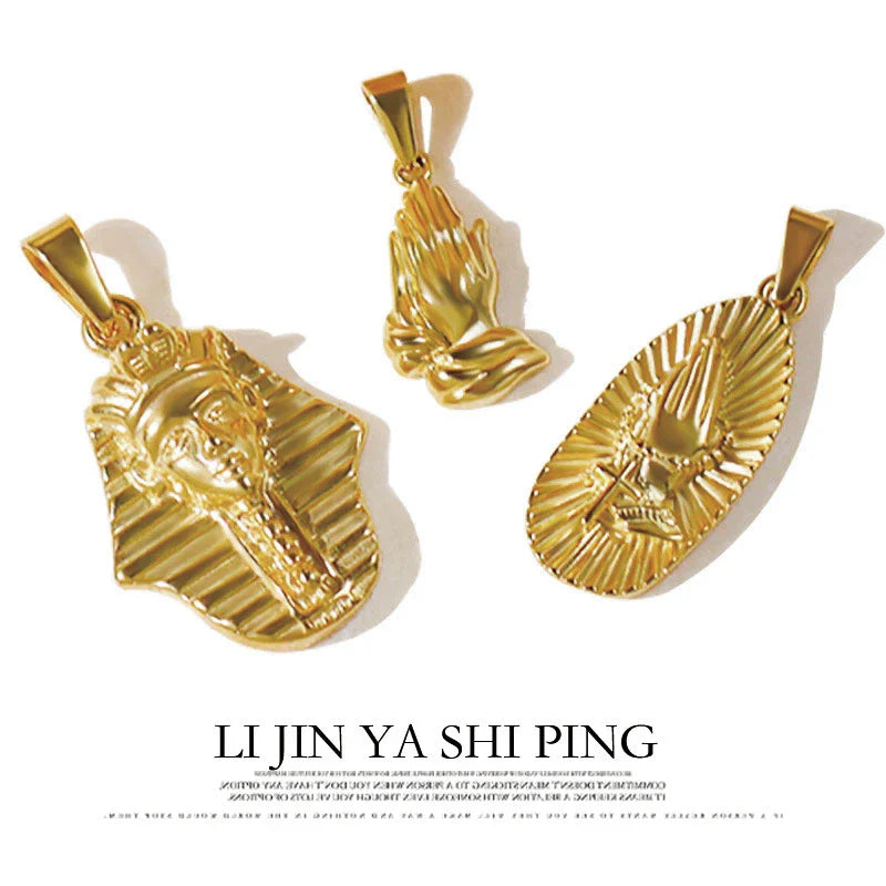 18K Gold Plated Stainless Steel Pendant Vintage Egyptian Pharaoh Portrait Lion Skull & Ghost Hand Charms Trendy Jewelry
