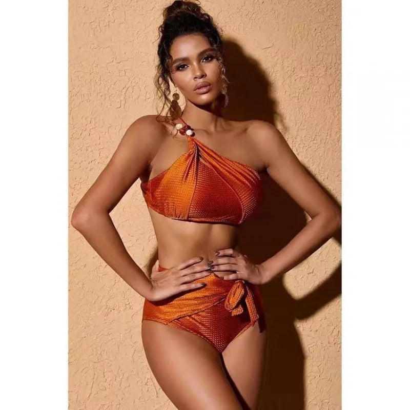 Women's Textured One-Shoulder Bikini Set with Matching Sarong - Image 5