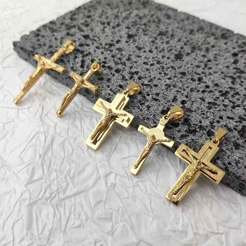 Jesus Cross 18k Gold Plated Stainless Steel Pendant Necklace For Men Unisex Religious Waterproof  Jewelry Accessories